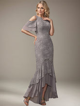 Trumpet/Mermaid Cold Shoulder Scoop Asymmetrical Lace Chiffon Mother of the Bride Dress With Ruffle